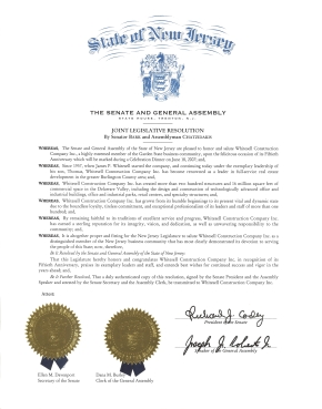 New Jersey Senate and General Assembly Joint Legislative Resolution Honoring Whitesell Construction
